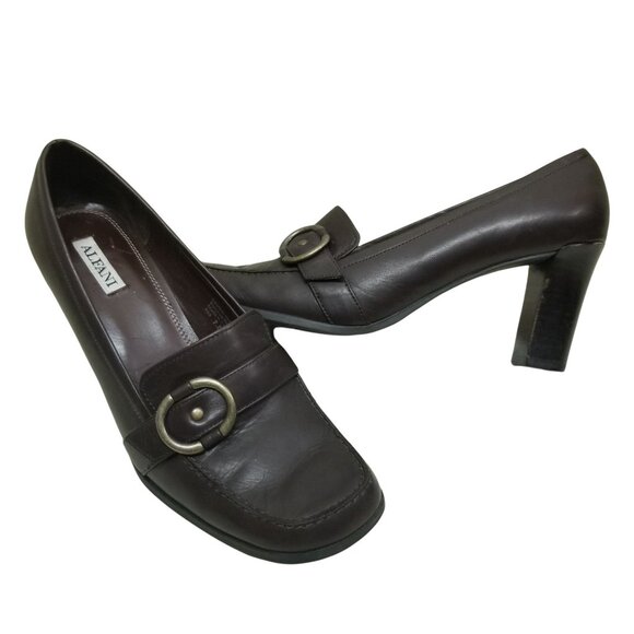 Alfani 7.5 Brown Leather Chunky Heels Pump Shoes ABE School Girl Cosplay Y2K - Picture 1 of 9